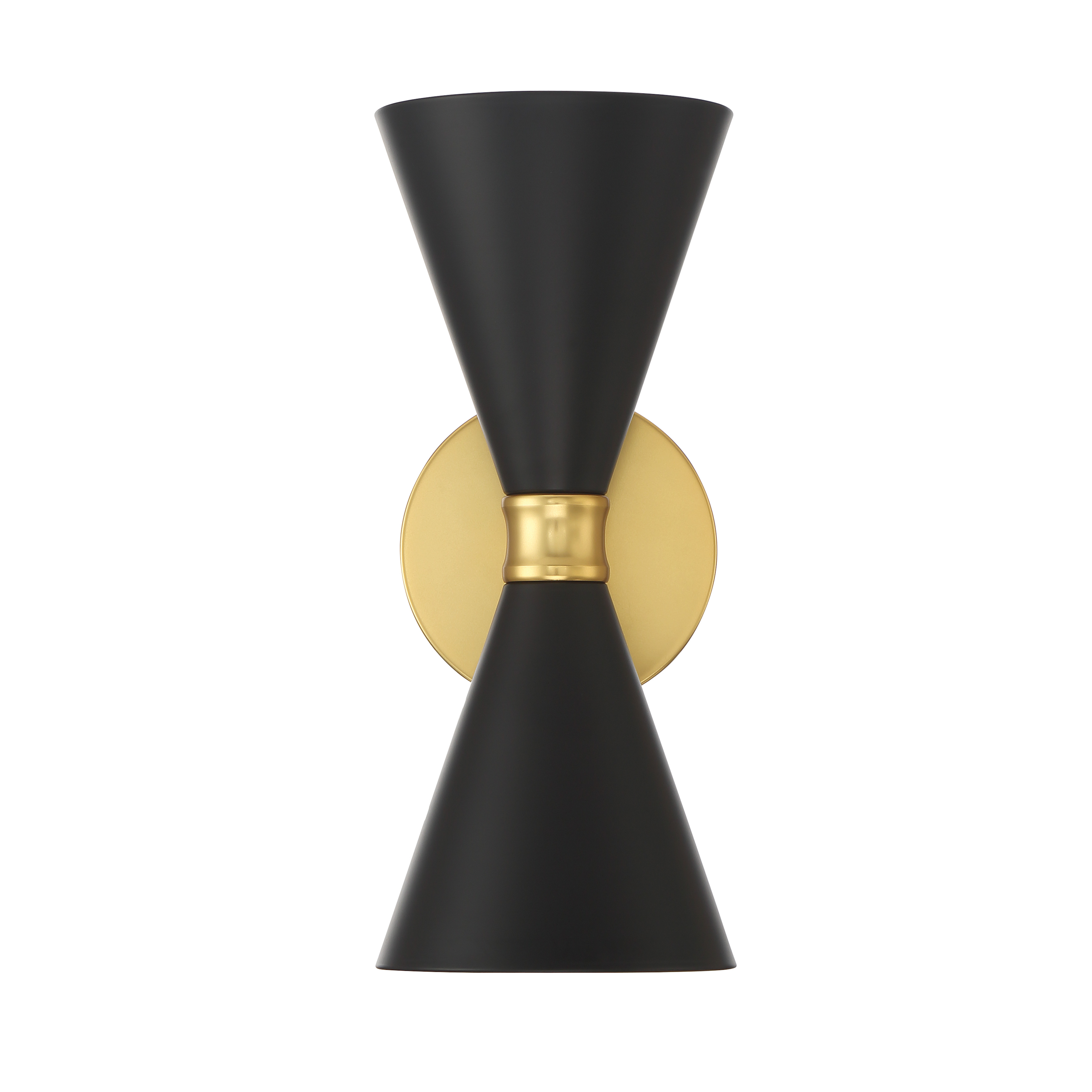 The Conic wall sconce combines modern sophistication with industrial edge, featuring a warm honey gold finish and distinctive coal metal cone shades. Compact at 13" tall, it delivers focused task lighting perfect for flanking mirrors or illuminating hallways. - alternate view