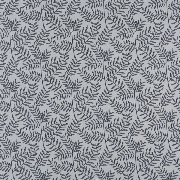 Light gray wallpaper patterned with dense navy fern-like branches; the print repeats uniformly across the surface, forming a subtle botanical motif under soft, even indoor lighting.