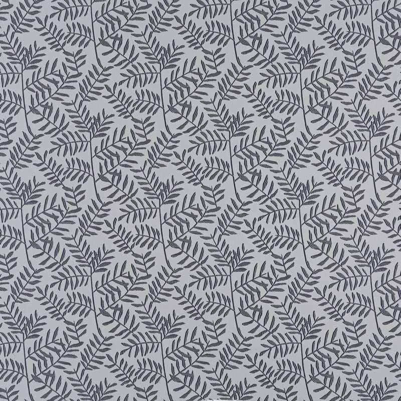 Light gray wallpaper patterned with dense navy fern-like branches; the print repeats uniformly across the surface, forming a subtle botanical motif under soft, even indoor lighting.