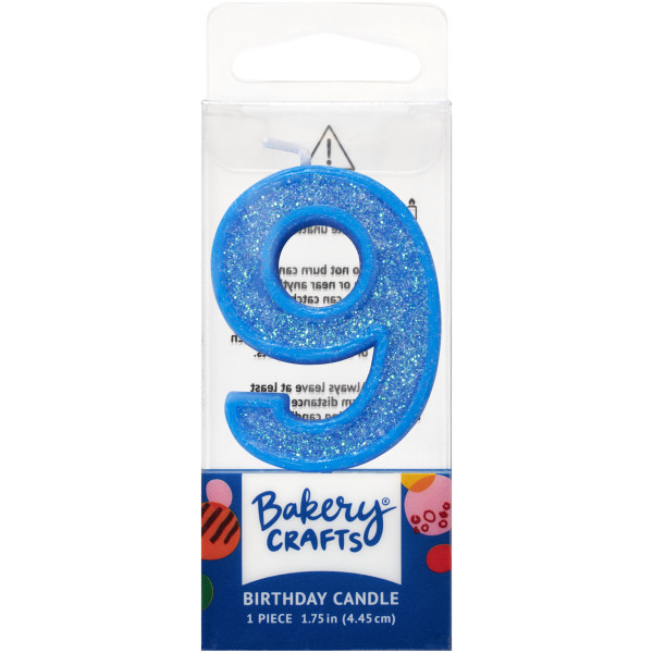 9 Mini Blue Glitter Numeral Candles