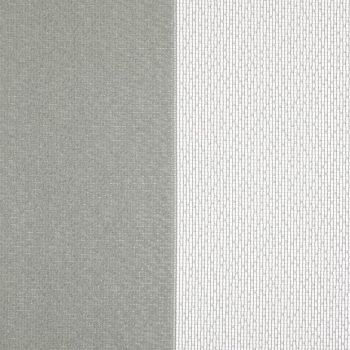 A pair of vertical curtains — left opaque gray textured panel, right white sheer with small rectangular mesh pattern — hanging closed, softly filtering daylight in a neutral interior.