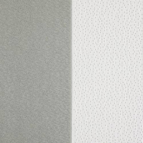 A pair of vertical curtains â€” left opaque gray textured panel, right white sheer with small rectangular mesh pattern â€” hanging closed, softly filtering daylight in a neutral interior.