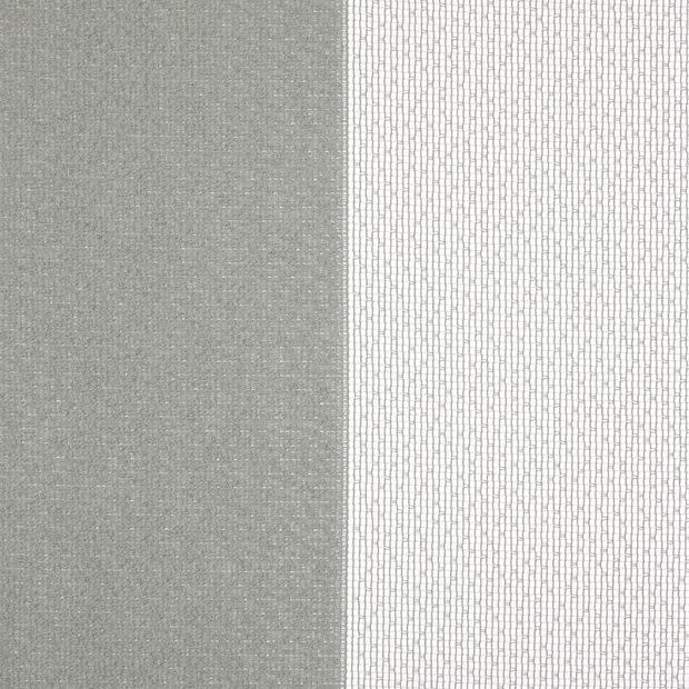 A pair of vertical curtains â€” left opaque gray textured panel, right white sheer with small rectangular mesh pattern â€” hanging closed, softly filtering daylight in a neutral interior.