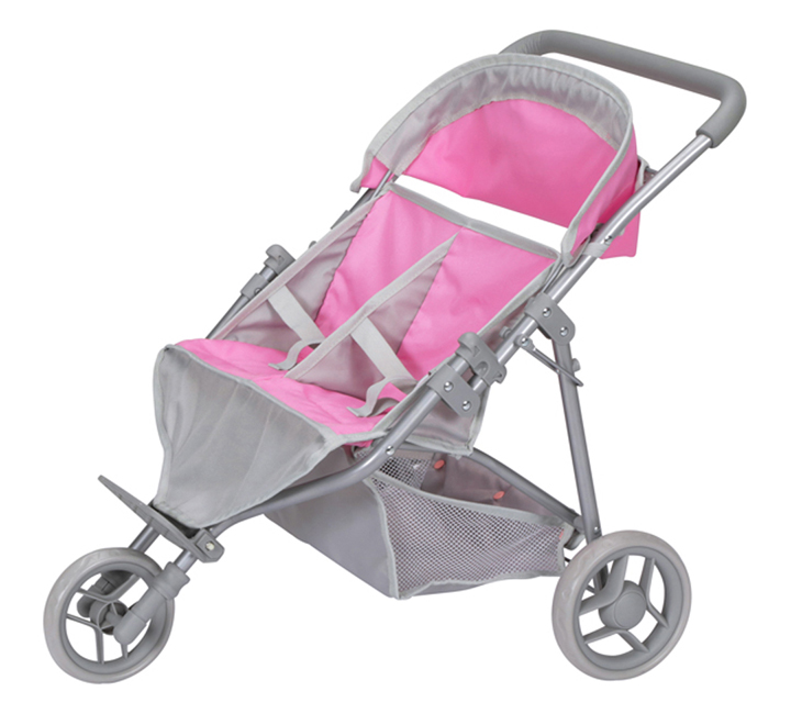 thumbnail video image 2 of Badger Basket Trek 3-Wheel Folding Twin Doll Jogging  Stroller for 18 inch Dolls - Pink/Gray, 2 of 10