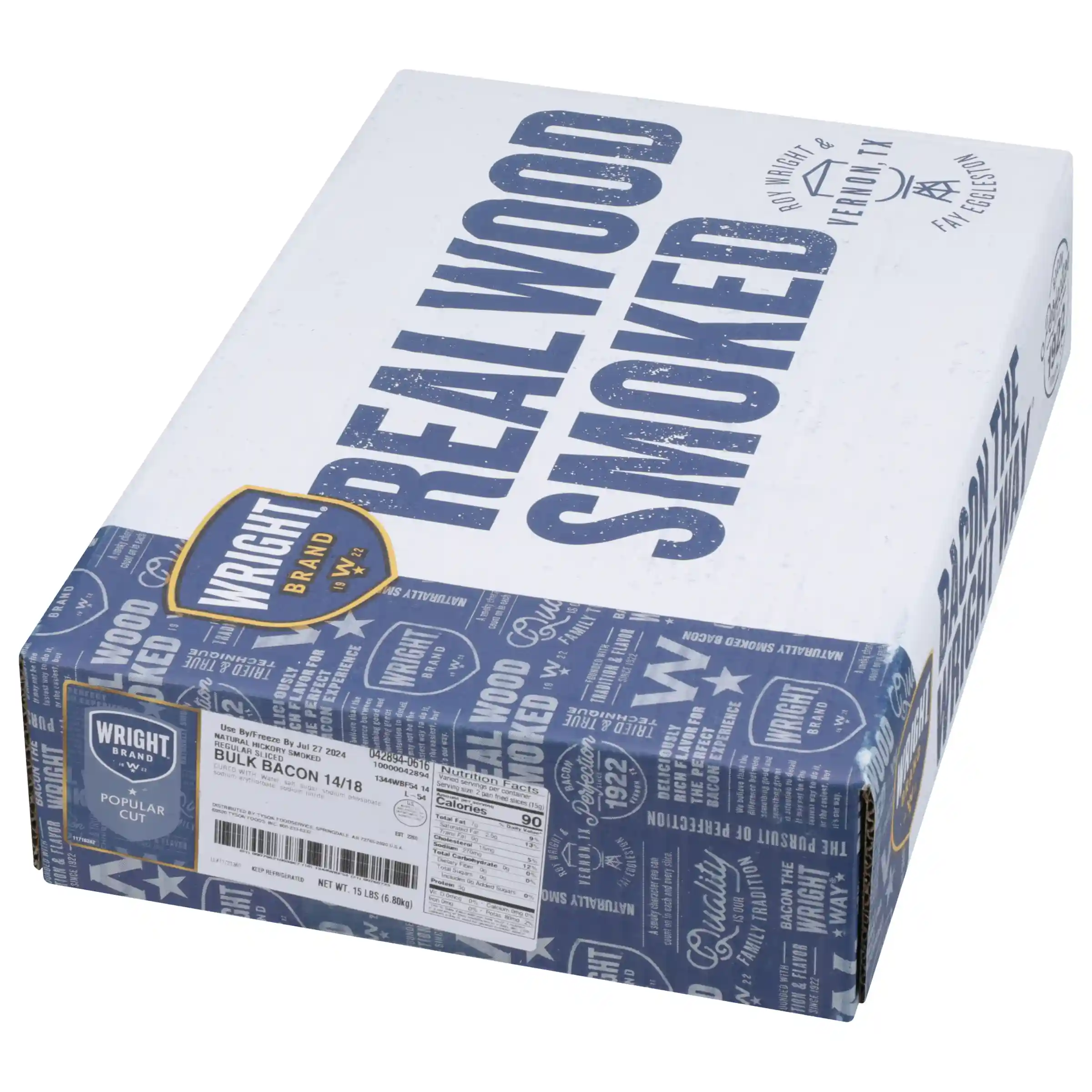 Wright® Brand Naturally Hickory Smoked Regular Sliced Bacon, Bulk, 15 Lbs, 14-18 Slices per Pound, Gas Flushed_image_5