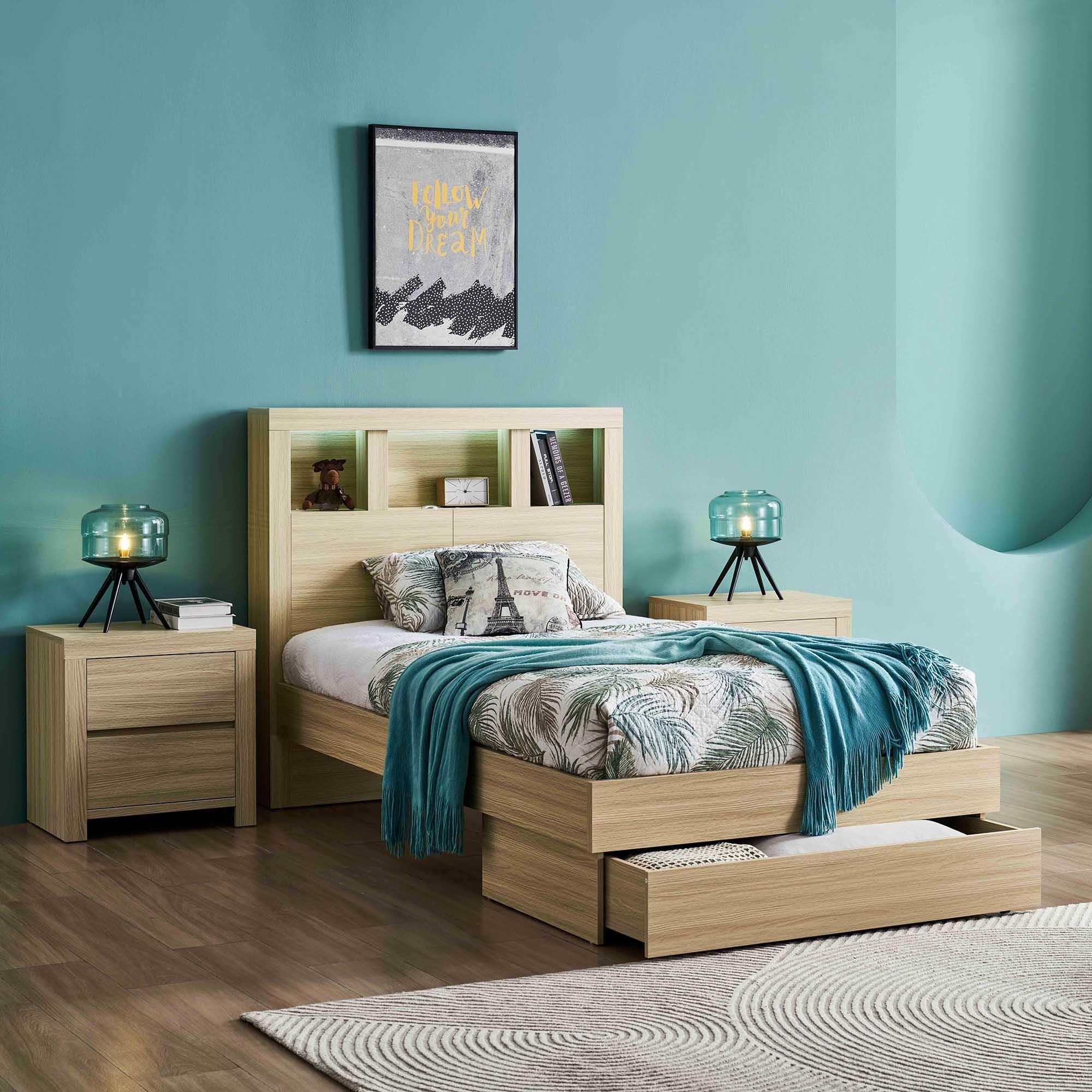 Lifestyle image of the  Lugano Bed Frame, Drawer Base, Alpine Oak from Forty Winks