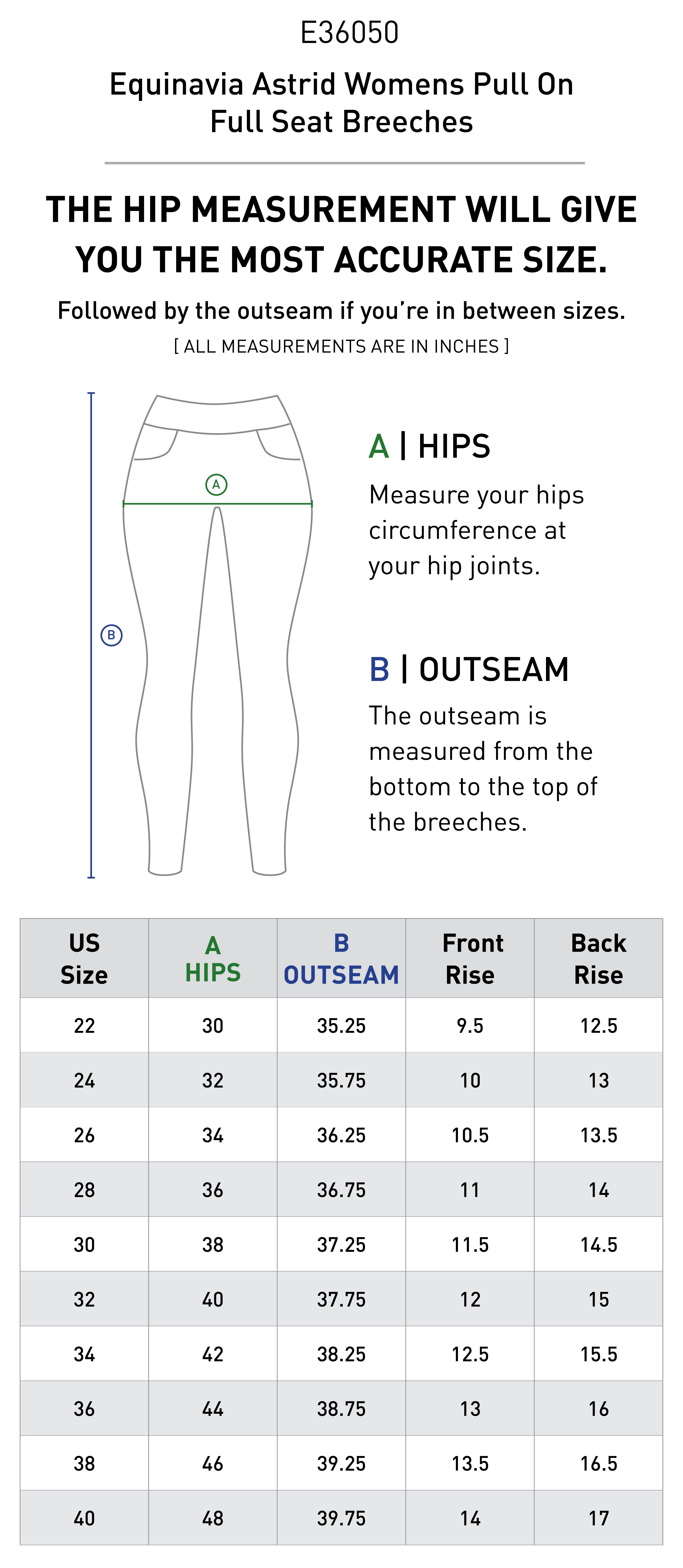 Size chart for Equinavia Astrid Womens Pull On Full Seat Breeches - Black/White