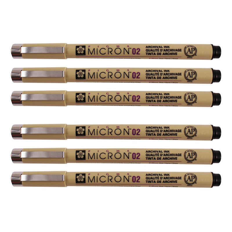 Pigma Micron Pen, Black, 0.30mm Size 02, Pack of 6