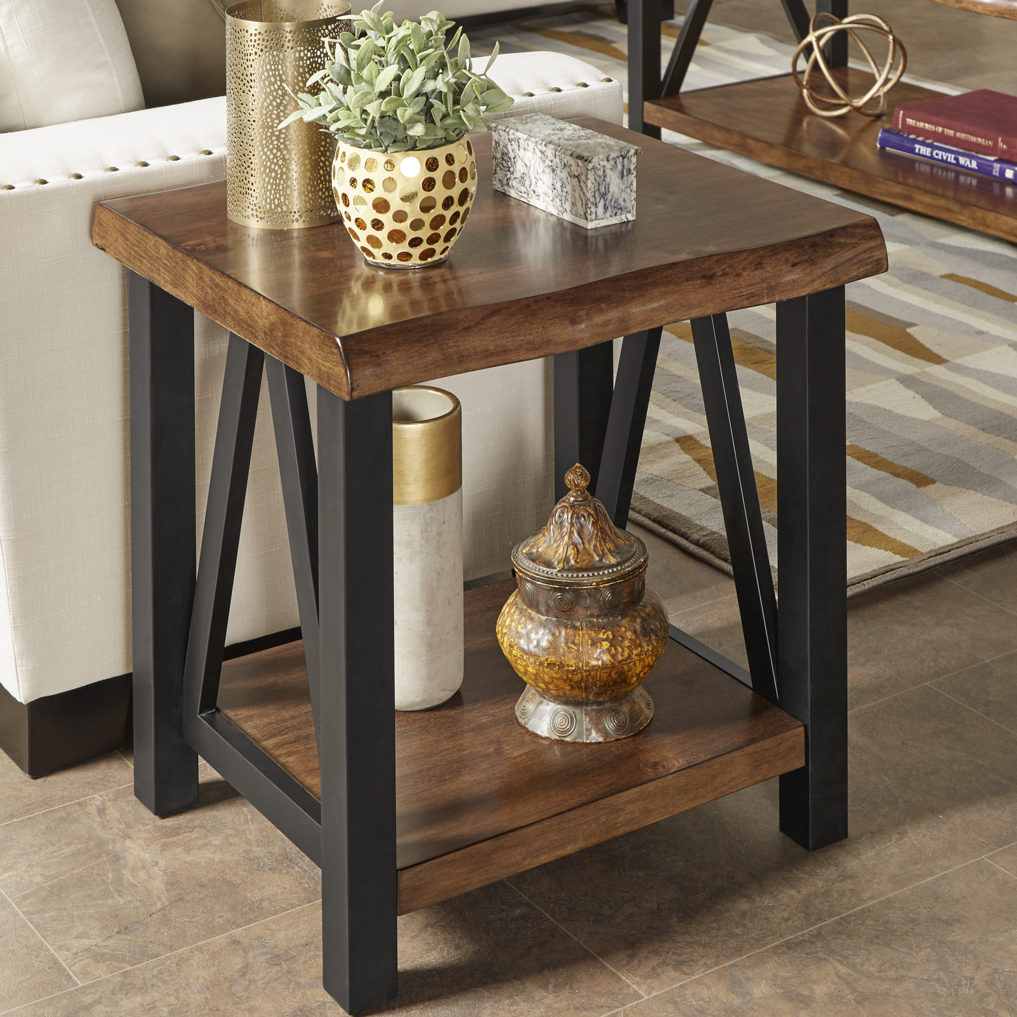 Live Edge Wood and Metal Accent Table