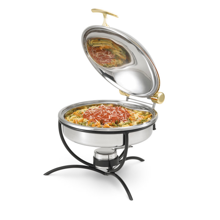 6-quart Intrigue® round stainless steel induction chafer with brass trim