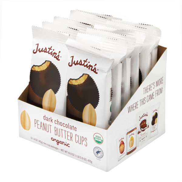 JUSTIN'S (r) Dark Chocolate Peanut Butter Cup Stand Up Caddy . C1RP - Front Right Pallet/Display (Hi Res)