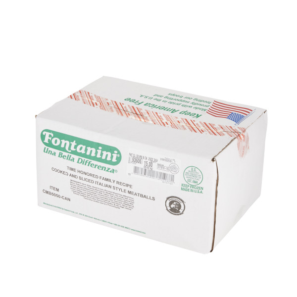 FONTANINI(r) Meatball, Cooked, Sliced, 1/2 oz, 3/5 lb . C1RA - Front Right Closed Case (Hi Res)