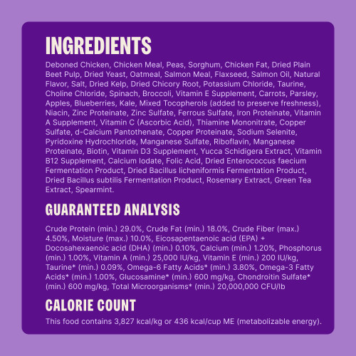 Deboned Chicken, Chicken Meal, Peas, Sorghum, Chicken Fat, Dried Plain Beet Pulp, Dried Yeast, Oatmeal, Salmon Meal, Flaxseed, Salmon Oil, Natural Flavor, Salt, Dried Kelp, Dried Chicory Root, Potassium Chloride, Taurine, Choline Chloride, Spinach, Broccoli, Vitamin E Supplement, Carrots, Parsley, Apples, Blueberries, Kale, Mixed Tocopherols (added to preserve freshness), Niacin, Zinc Proteinate, Zinc Sulfate, Ferrous Sulfate, Iron Proteinate, Vitamin A Supplement, Vitamin C (Ascorbic Acid), Thiamine Mononitrate, Copper Sulfate, d-Calcium Pantothenate, Copper Proteinate, Sodium Selenite, Pyridoxine Hydrochloride, Manganese Sulfate, Riboflavin, Manganese Proteinate, Biotin, Vitamin D3 Supplement, Yucca Schidigera Extract, Vitamin B12 Supplement, Calcium Iodate, Folic Acid, Dried Enterococcus faecium Fermentation Product, Dried Bacillus licheniformis Fermentation Product, Dried Bacillus subtilis Fermentation Product, Rosemary Extract, Green Tea Extract, Spearmint.