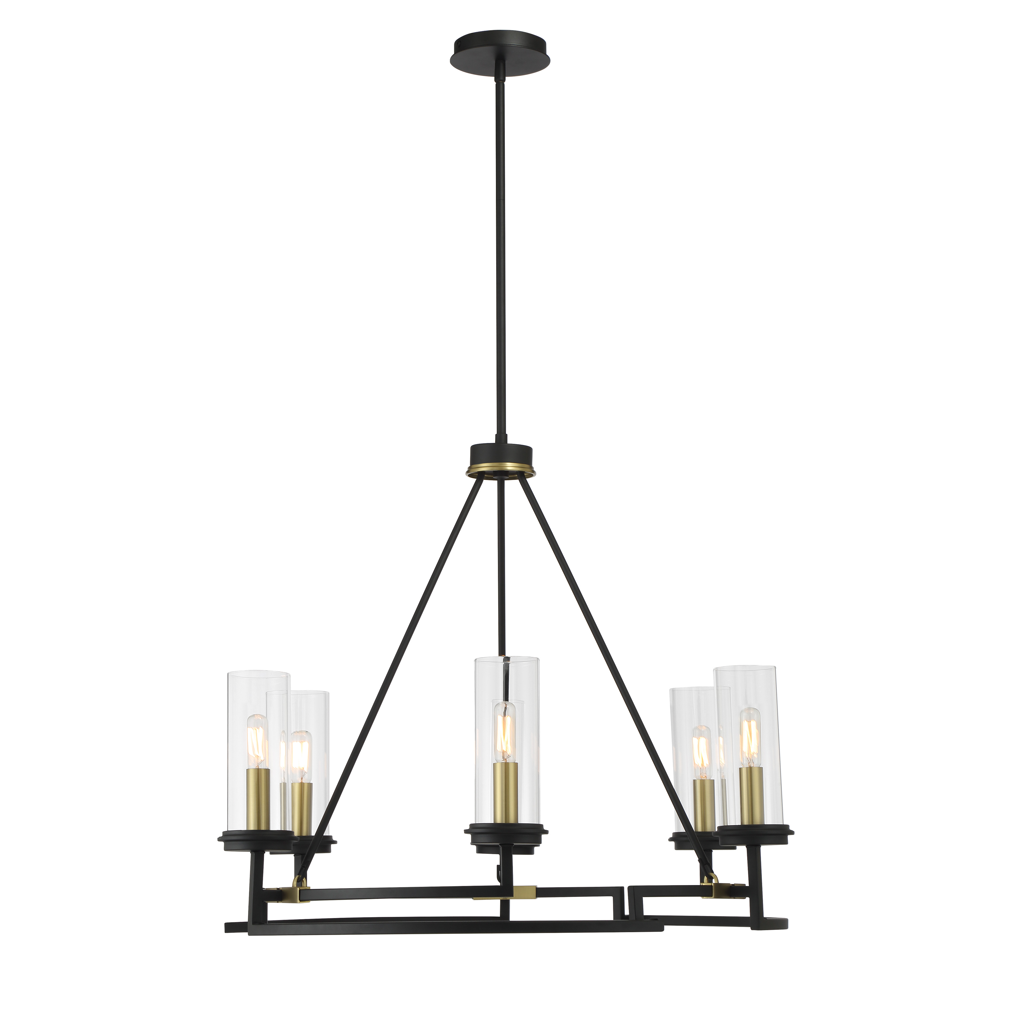 The Hillstone chandelier combines contemporary design with industrial charm through its striking two-tone finish. Six candelabra lights provide ample illumination while clear glass shades maintain an airy aesthetic. - alternate view