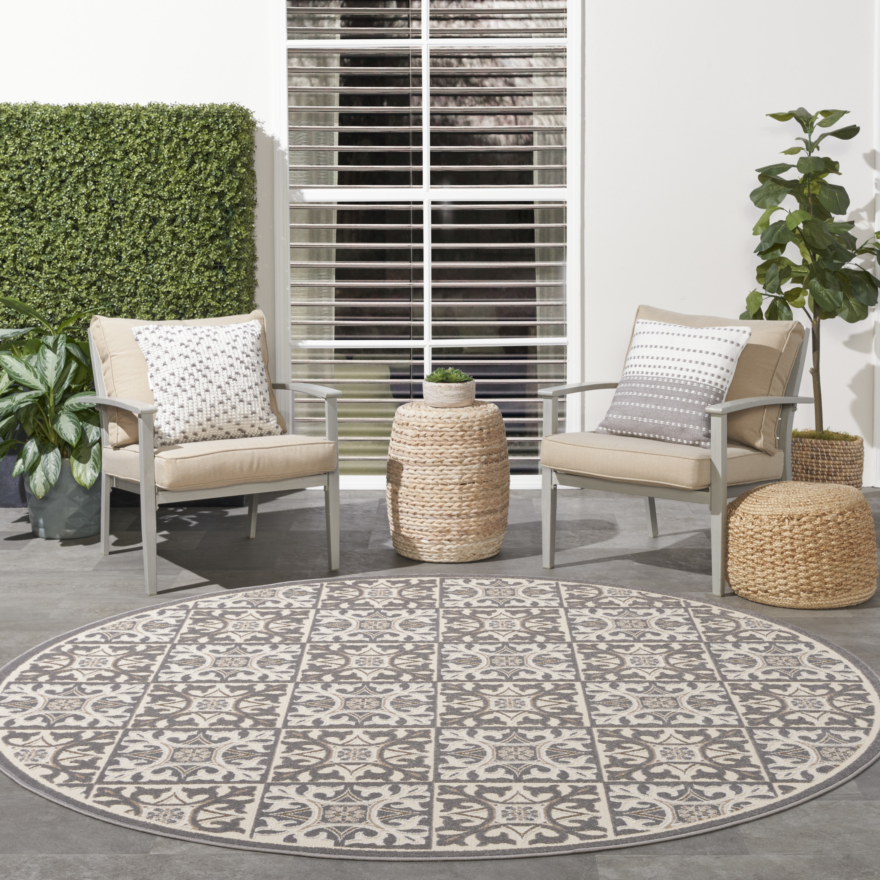 Nourison Aloha 7'10" x Round Ivory Grey Contemporary Rug