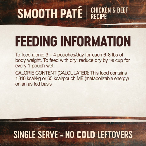 <p>To feed alone: 3 – 4 pouches/day for each 6-8 lbs of body weight. To feed with dry: reduce dry by ⅛ cup for every 1 pouch wet.</p>
