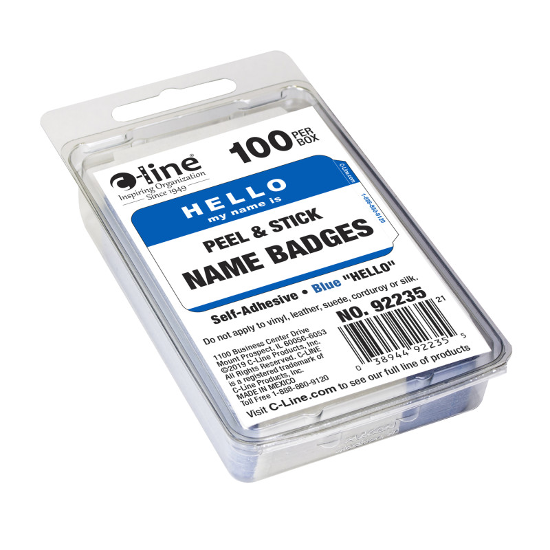 Pressure Sensitive Badges, Hello my name is, Blue, 3-1/2" x 2-1/4", Box of 100