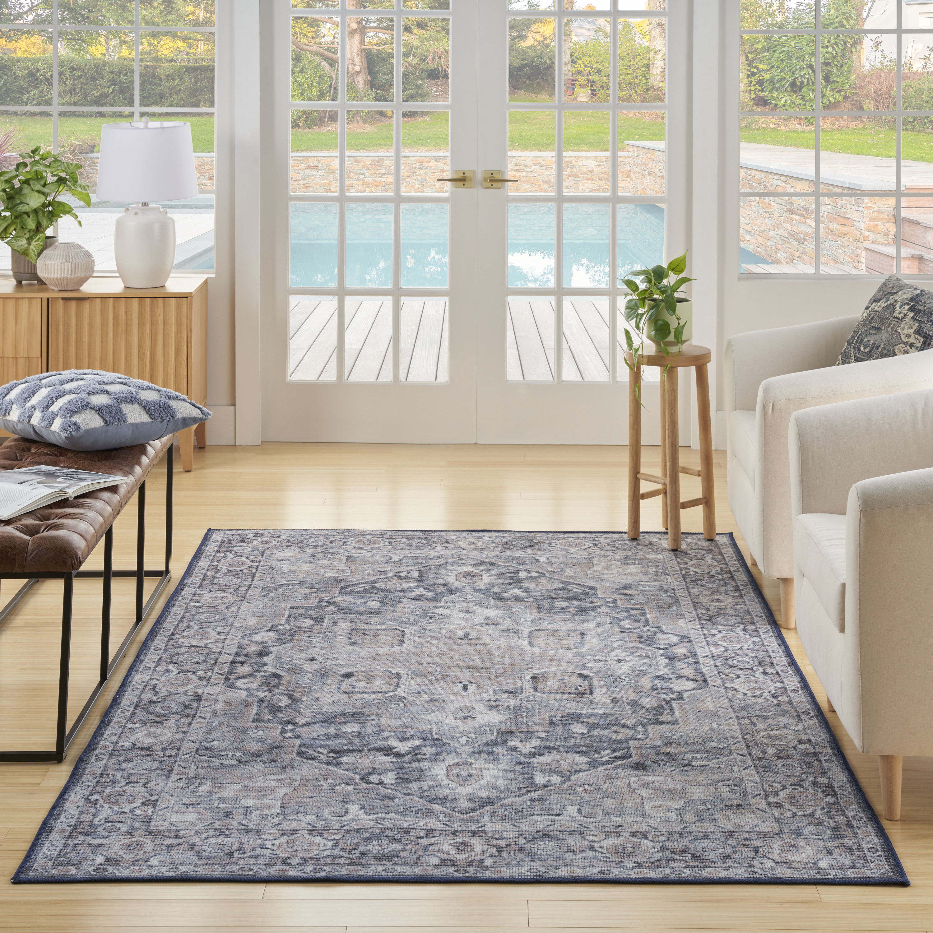 Nourison New Concept Washables 4' x 6' Ivory Navy Vintage Indoor Rug