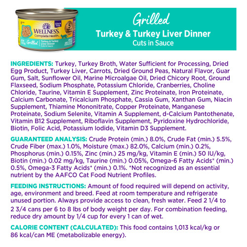 <p>Turkey, Turkey Broth, Water Sufficient for Processing, Dried Egg Product, Turkey Liver, Carrots, Dried Ground Peas, Natural Flavor, Guar Gum, Salt, Sunflower Oil, Marine Microalgae Oil, Dried Chicory Root, Ground Flaxseed, Sodium Phosphate, Potassium Chloride, Cranberries, Choline Chloride, Taurine, Vitamin E Supplement, Zinc Proteinate, Iron Proteinate, Calcium Carbonate, Tricalcium Phosphate, Cassia Gum, Xanthan Gum, Niacin Supplement, Thiamine Mononitrate, Copper Proteinate, Manganese Proteinate, Sodium Selenite, Vitamin A Supplement, d-Calcium Pantothenate, Vitamin B12 Supplement, Riboflavin Supplement, Pyridoxine Hydrochloride, Biotin, Folic Acid, Potassium Iodide, Vitamin D3 Supplement.									</p>
