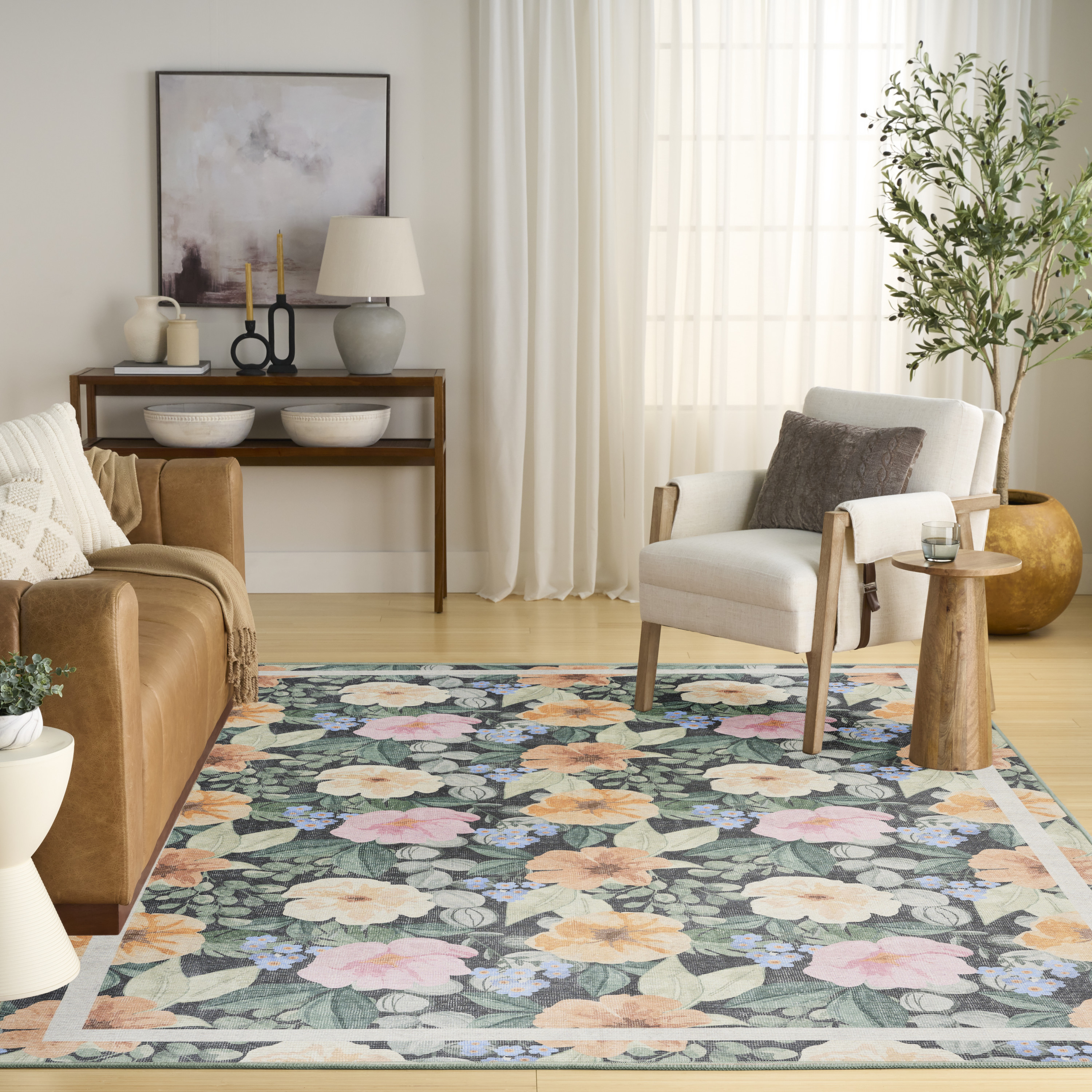 Nourison Botanical Washables 5' x 7' Charcoal Multicolor Farmhouse Indoor Rug