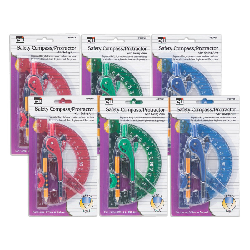 Safety Compass & 6" Swing Arm Protractor, Assorted Colors, 6 Sets
