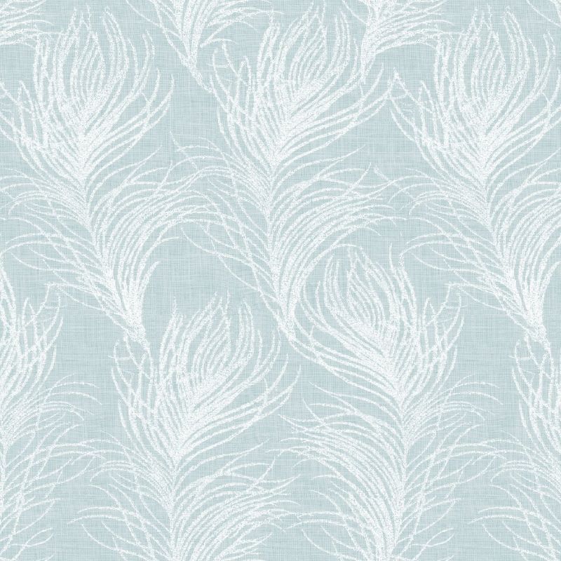 Pale blue patterned wallpaper with white stylized feather motifs repeats vertically across the surface; flat close-up view, evenly lit, showing subtle woven texture.