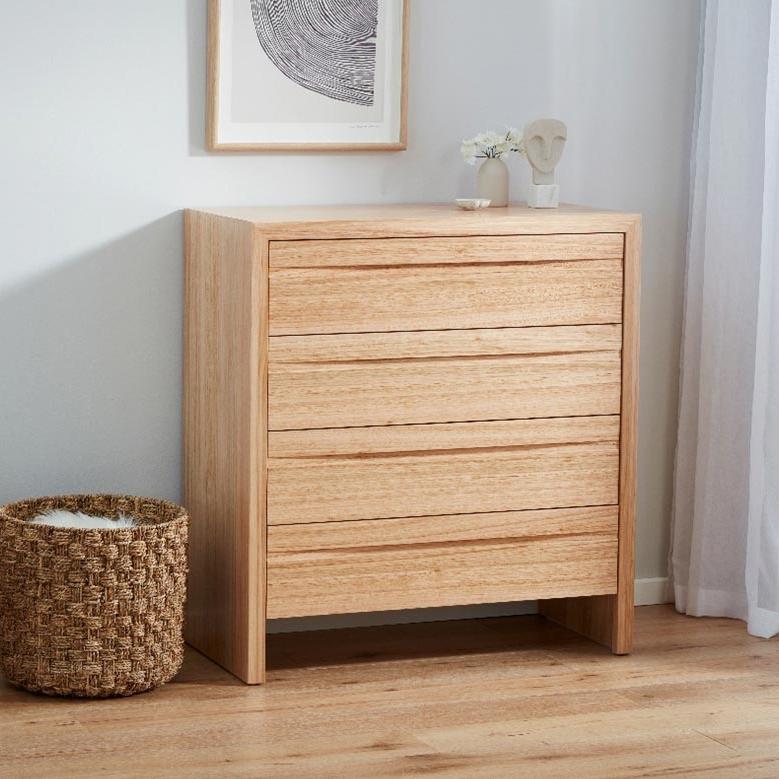 Lifestyle image of the  Rialto Tallboy (4 Drawer), Natural-Profile Adonis Pepper from Forty Winks