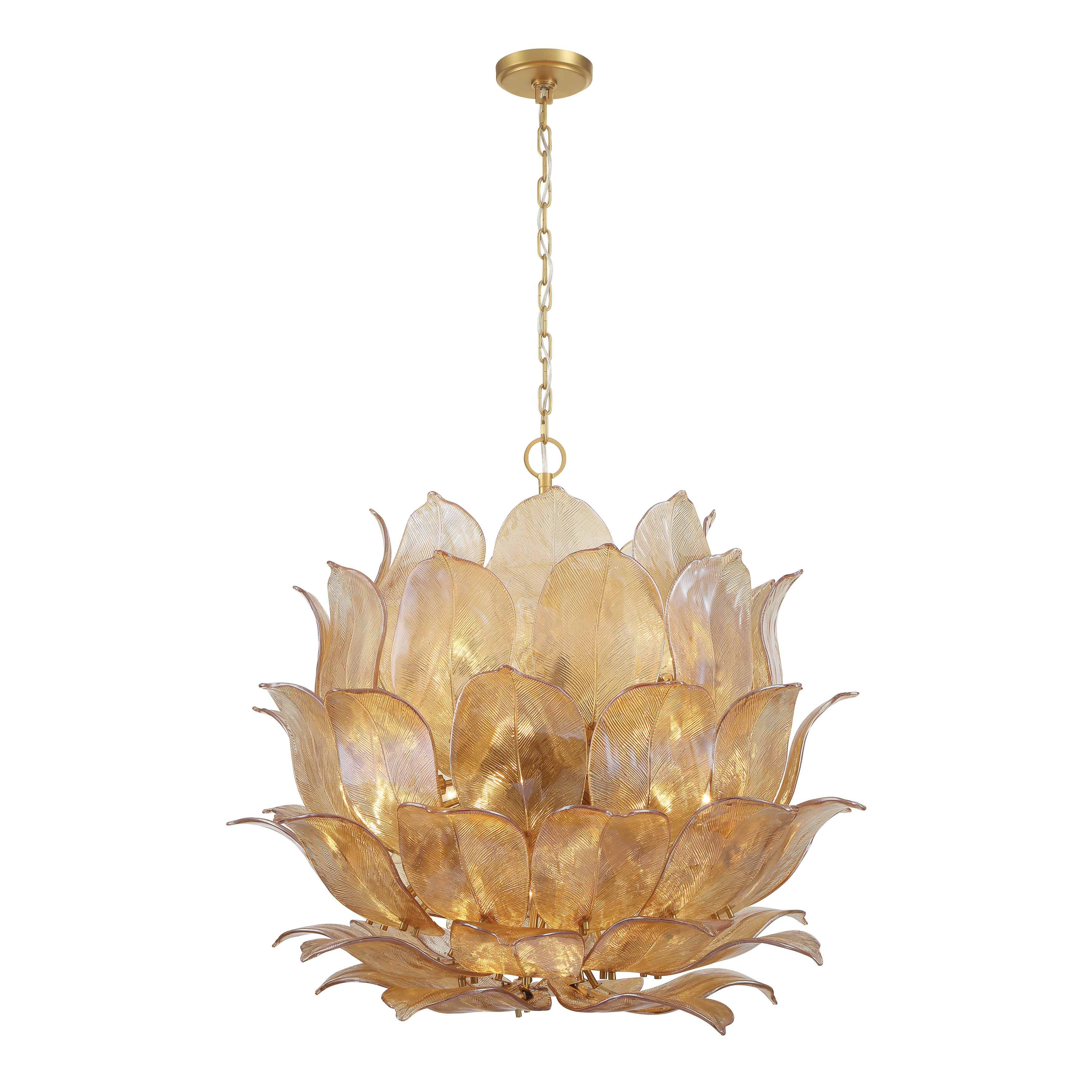 The Orchid pendant makes a dramatic statement with 24 candelabra lights arranged in a generous 35.5-inch frame. Handmade amber glass shades paired with Legacy Brass finish create warm, inviting illumination perfect for large dining spaces. - alternate view