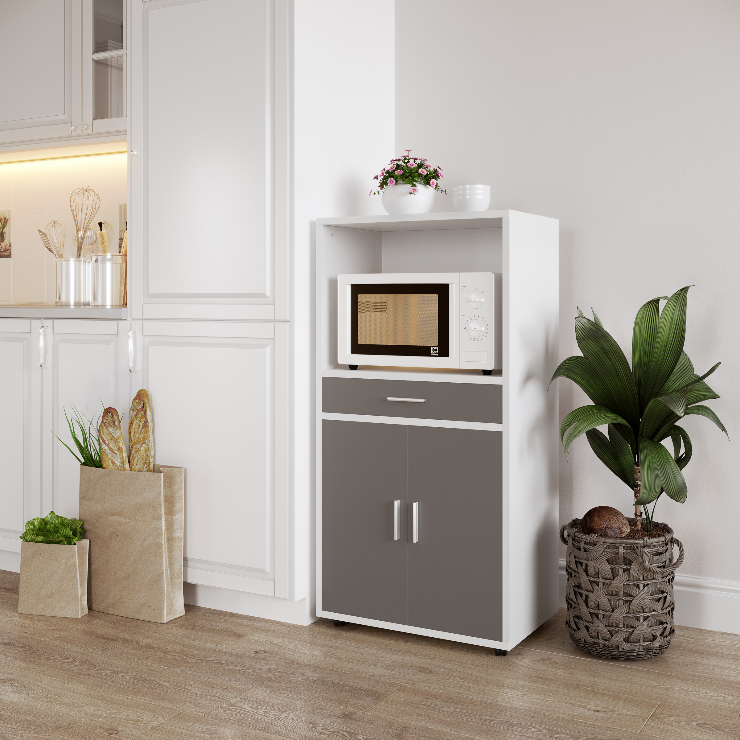 Microwave Stand with Storage Rolling Cabinet Shelf with Doors Freestanding