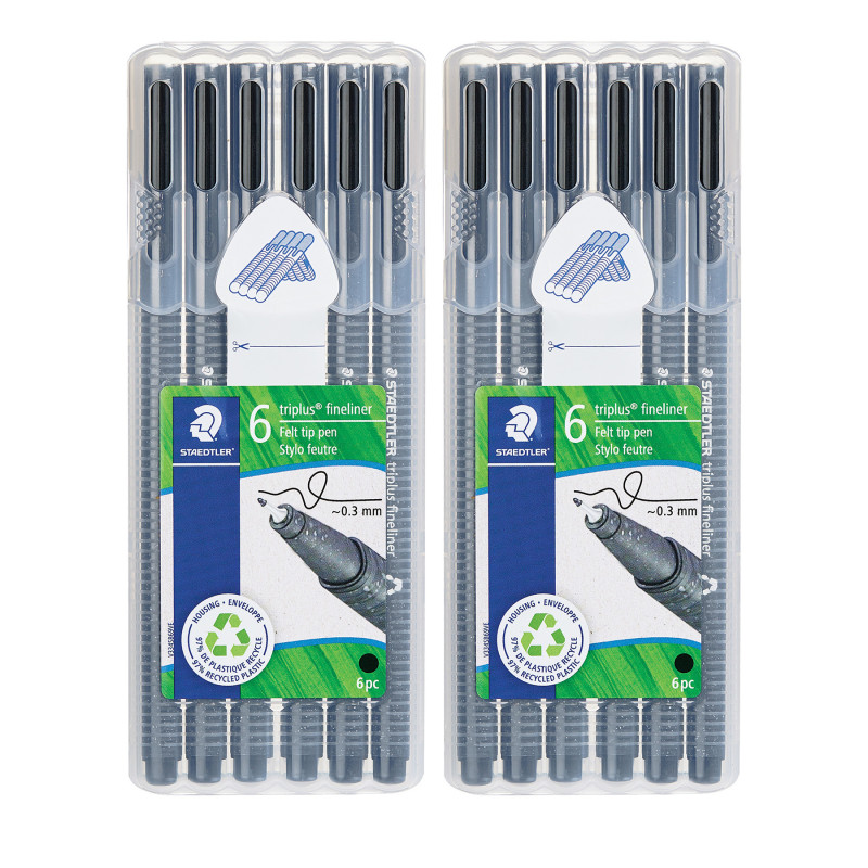 Triplus® Fineliner Pens, Superfine 0.3 mm, Black, 6 Per Pack, 2 Packs