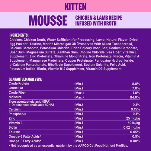 Chicken, Chicken Broth, Water Sufficient for Processing, Lamb, Natural Flavor, Dried Egg Powder, Taurine, Marine Microalgae Oil (Preserved With Mixed Tocopherols), Calcium Carbonate, Potassium Chloride, Dried Chicory Root, Salt, Sodium Carbonate, Guar Gum, Magnesium Sulfate, Xanthan Gum, Choline Chloride, Pea Fiber, Vitamin E Supplement, Zinc Proteinate, Thiamine Mononitrate, Iron Proteinate, Niacin, Vitamin A Supplement, Manganese Proteinate, Copper Proteinate, Pyridoxine Hydrochloride, d-Calcium Pantothenate, Riboflavin Supplement, Sodium Selenite, Folic Acid, Potassium Iodide, Biotin, Vitamin B12 Supplement, Vitamin D3 Supplement.