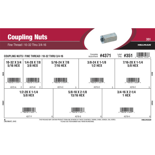 Fine-Thread Coupling Nuts Assortment (#10-32 thru 3/4