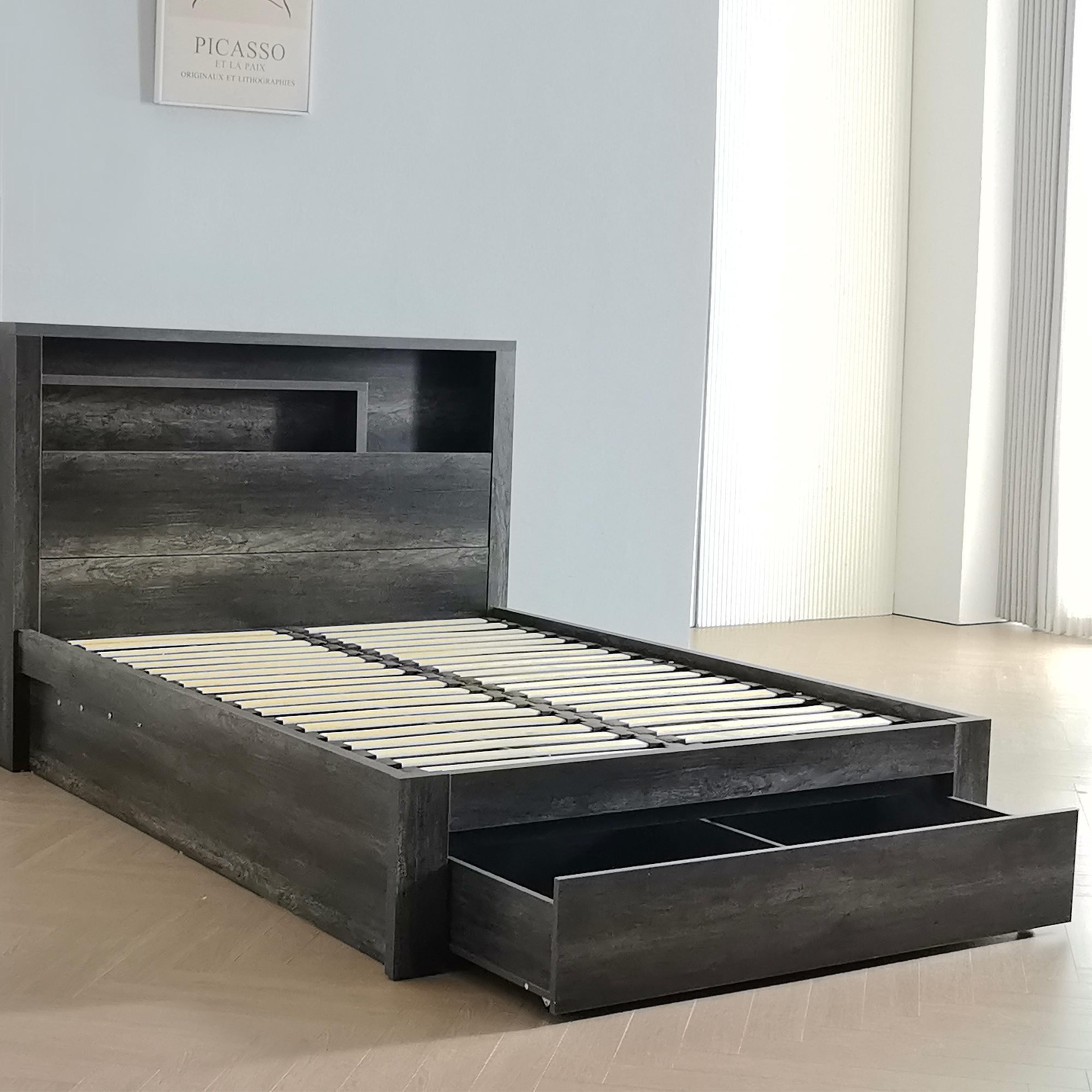 Lifestyle image of the  Bellevue Bed Frame, Front Slat Gas Lift & End Drawer Base, Charcoal from Forty Winks
