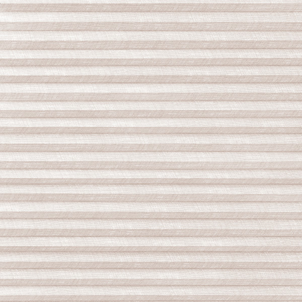 Beige pleated cellular blind, horizontal accordion folds with linen texture, fully lowered and closed, softly diffusing daylight across a neutral interior wall.