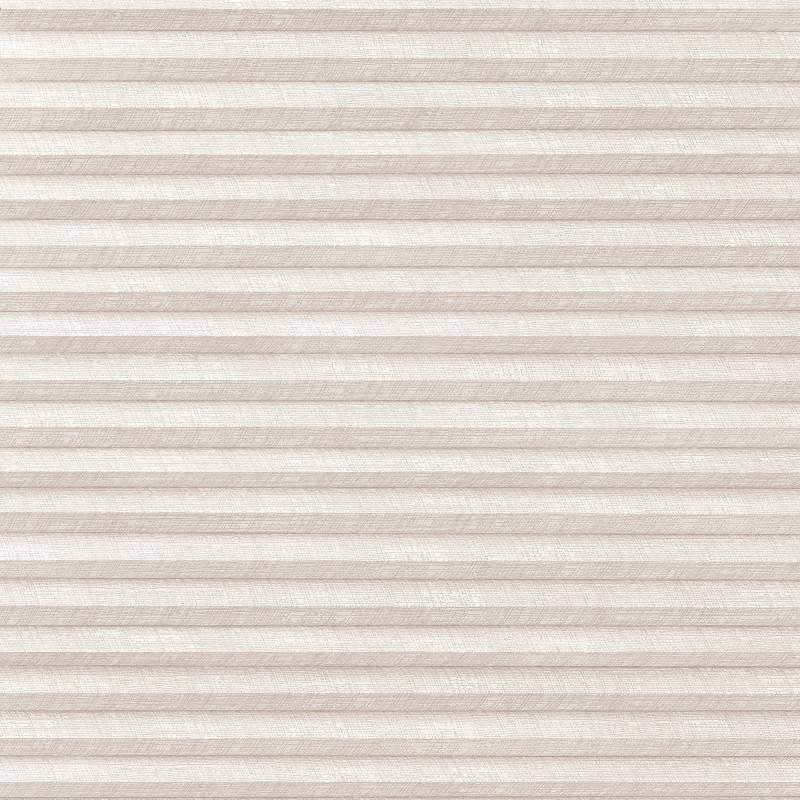 Beige pleated cellular blind, horizontal accordion folds with linen texture, fully lowered and closed, softly diffusing daylight across a neutral interior wall.