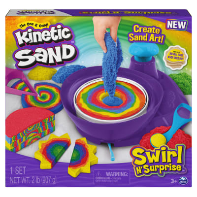 Kinetic Sand, Swirl N’ Surprise Playset with 2lbs of Play Sand, Including Red, Blue, Green, Yellow and 4 Tools, Sensory Toys for Kids Ages 3 and up