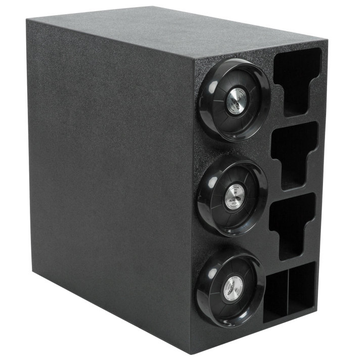 Countertop dispenser 3 x 2 ABS cabinet with three INC-80 adjustable gasket cup dispensers, three T-lid holders and one wrapped-straw holder in black