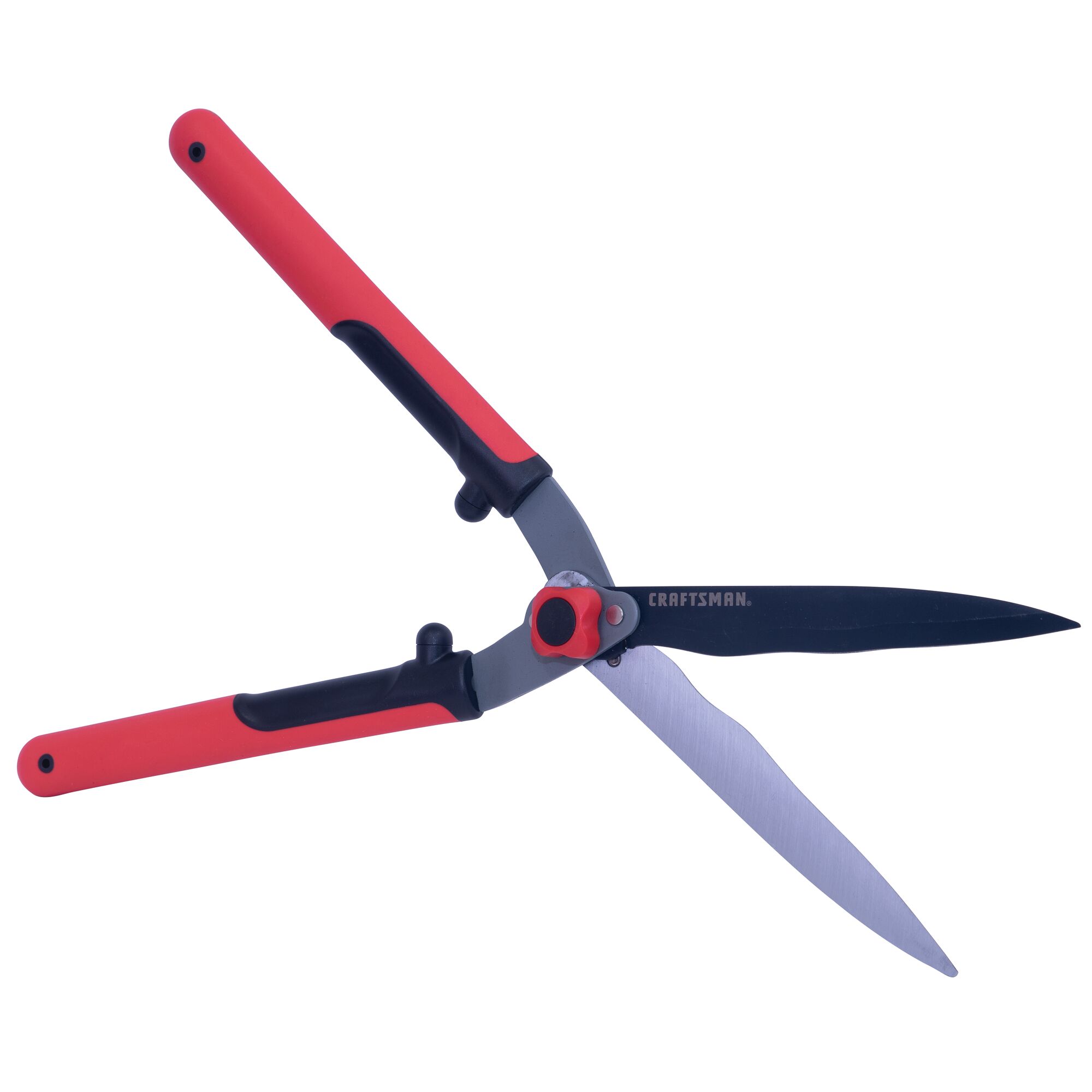 Hedge shears with opened blades.