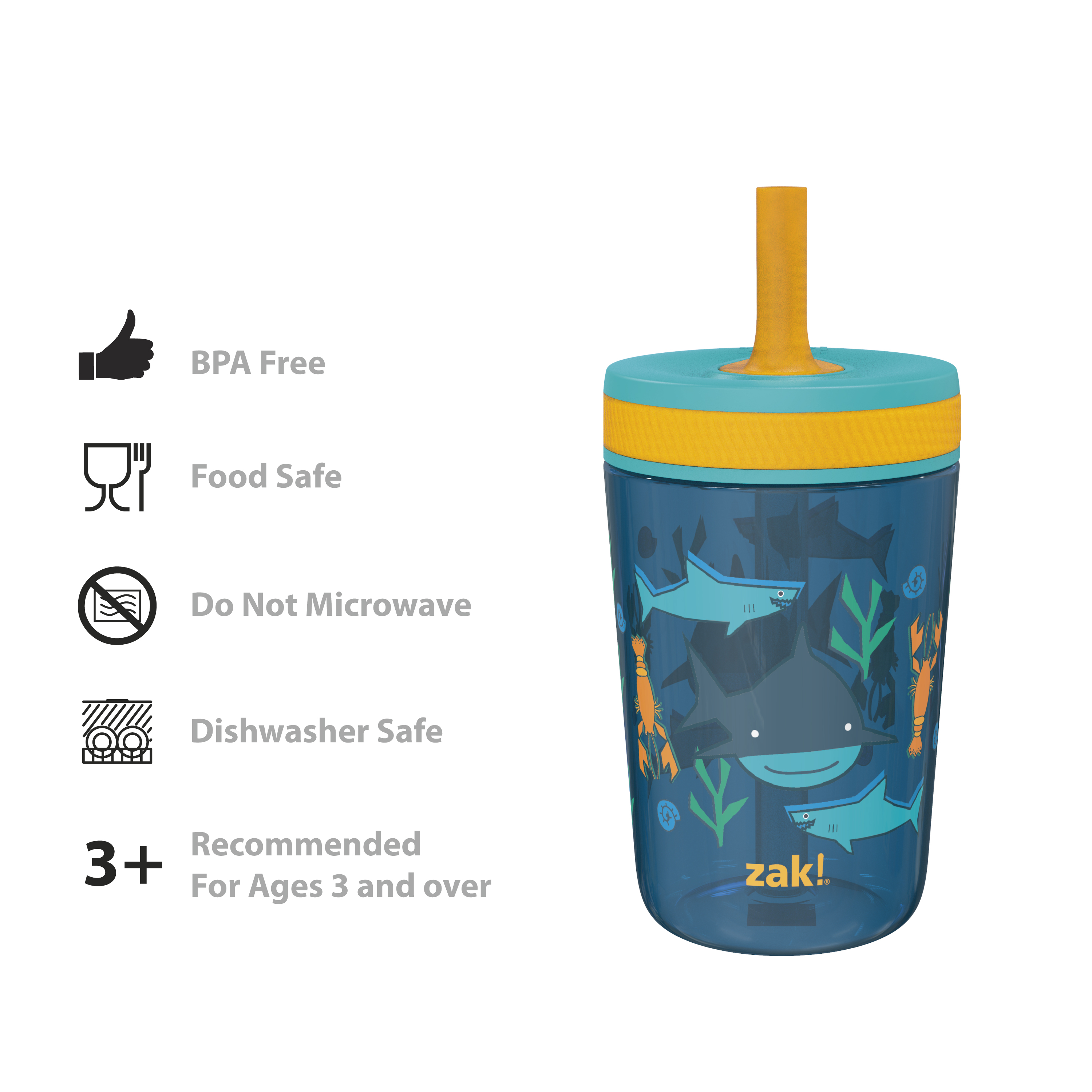 Zak Hydration 15  ounce Plastic Tumbler with Lid and Straw, Sea Creatures, 2-piece set slideshow image 4