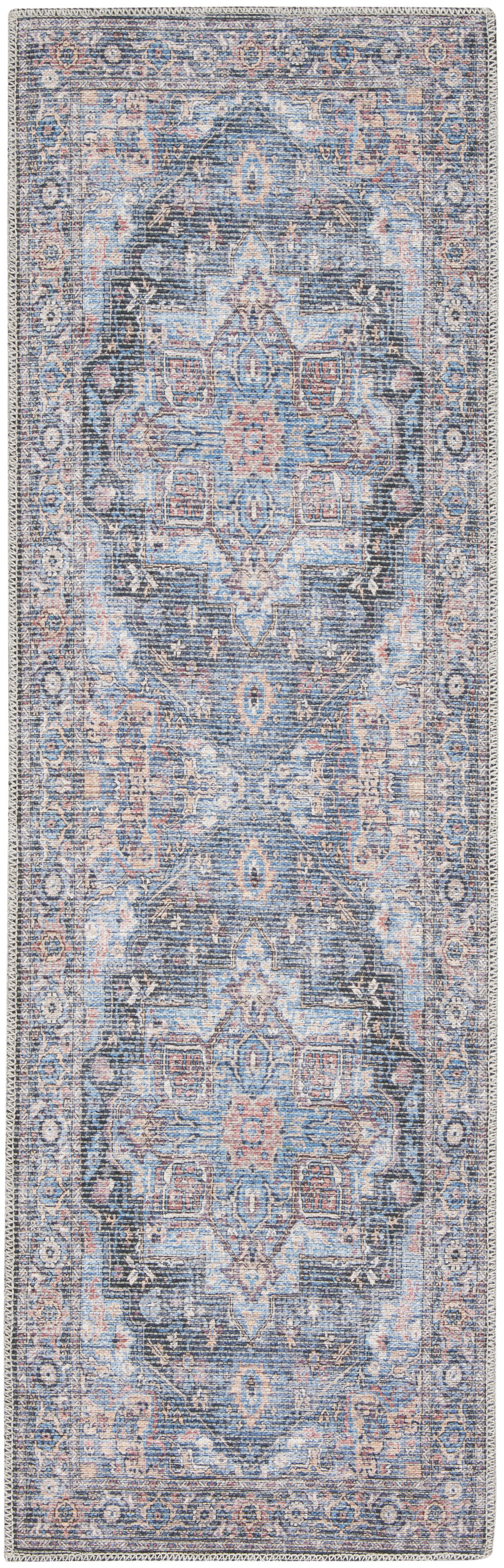 Nourison New Concept Washables 2'2" x 8' Light Blue Multicolor Vintage Indoor Rug