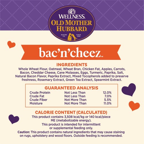 <p>Whole Wheat Flour, Oatmeal, Wheat Bran, Chicken Fat, Bacon, Cheddar Cheese, Apples, Carrots, Cane Molasses, Eggs, Turmeric, Paprika, Salt, Natural Bacon Flavor, Paprika Extract, Mixed Tocopherols added to preserve freshness, Rosemary Extract, Green Tea Extract, Spearmint Extract.</p>

