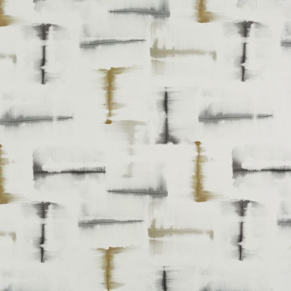 Abstract patterned textile, flat and white, printed with staggered blurred horizontal and vertical brushstrokes in gray and muted gold; displaying a watercolor-like repeating grid; set against neutral, softly lit background.