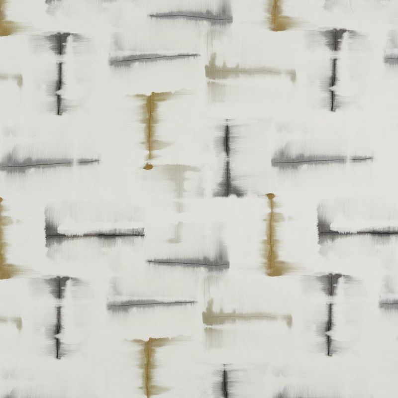 Abstract patterned textile, flat and white, printed with staggered blurred horizontal and vertical brushstrokes in gray and muted gold; displaying a watercolor-like repeating grid; set against neutral, softly lit background.