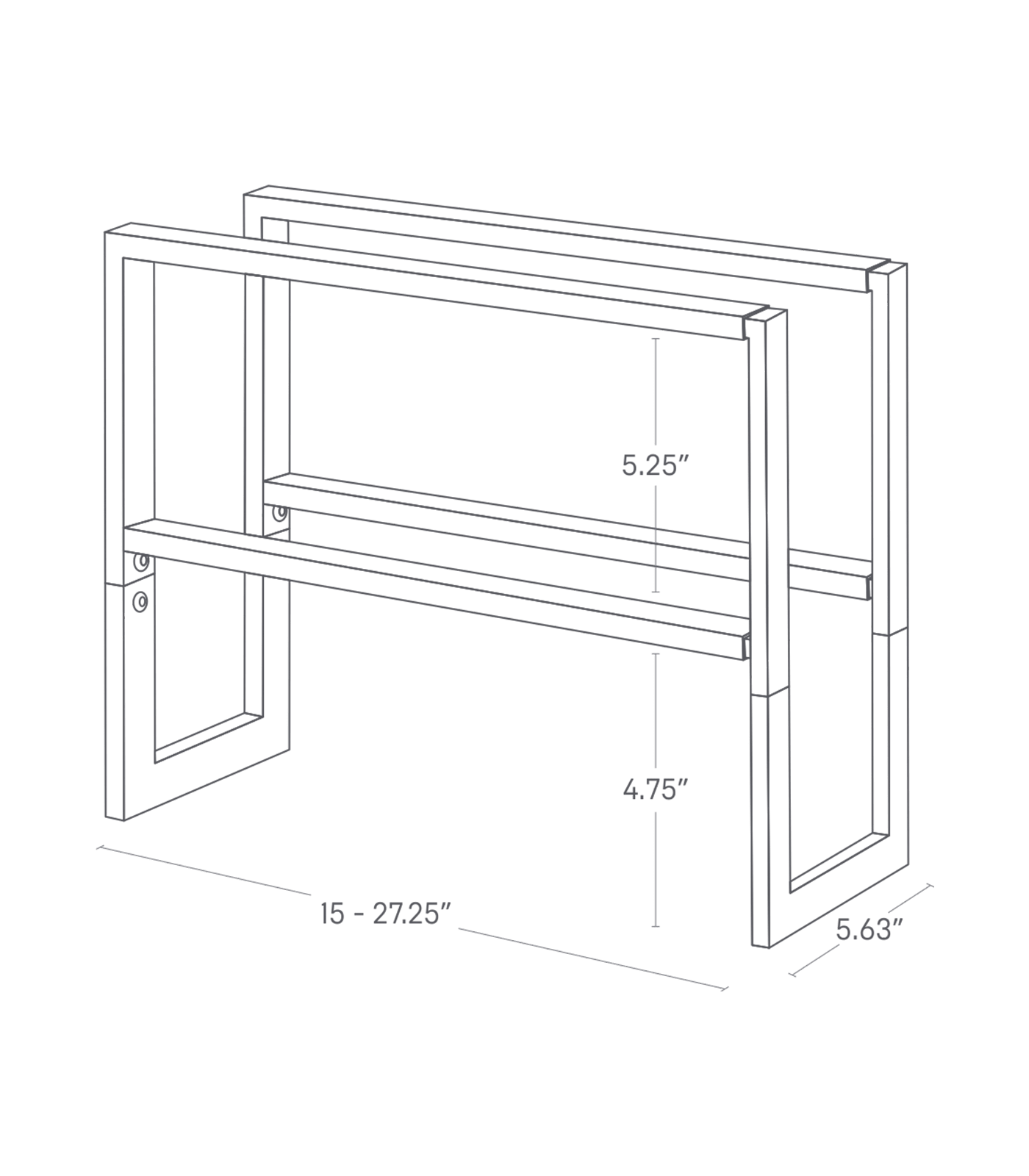 Dimenision image for Expandable Shoe Rack - Two Sizeson a white background showing total width of 15 - 27.25 inches (adjustable), length of 5.63 inches, height from the top tier to the second tier of 5.25 inches, height from the second shelf to the bottom of 4.75 inches.