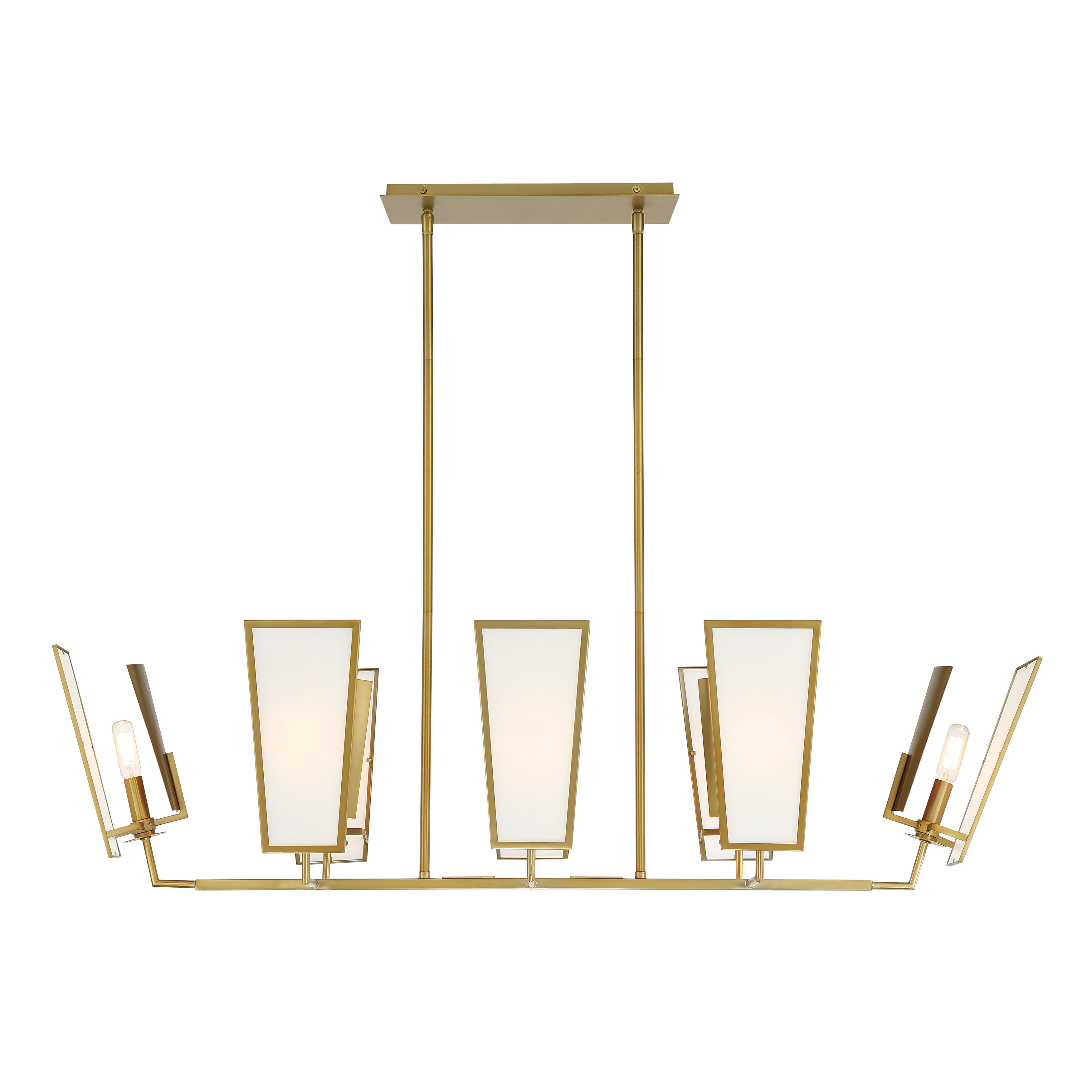 The Ricochet 8-Light Island Chandelier combines warm Soft Brass finish with White Silk Glass shades for sophisticated illumination. Its 44-inch linear design provides excellent task lighting while adding contemporary elegance. - alternate view