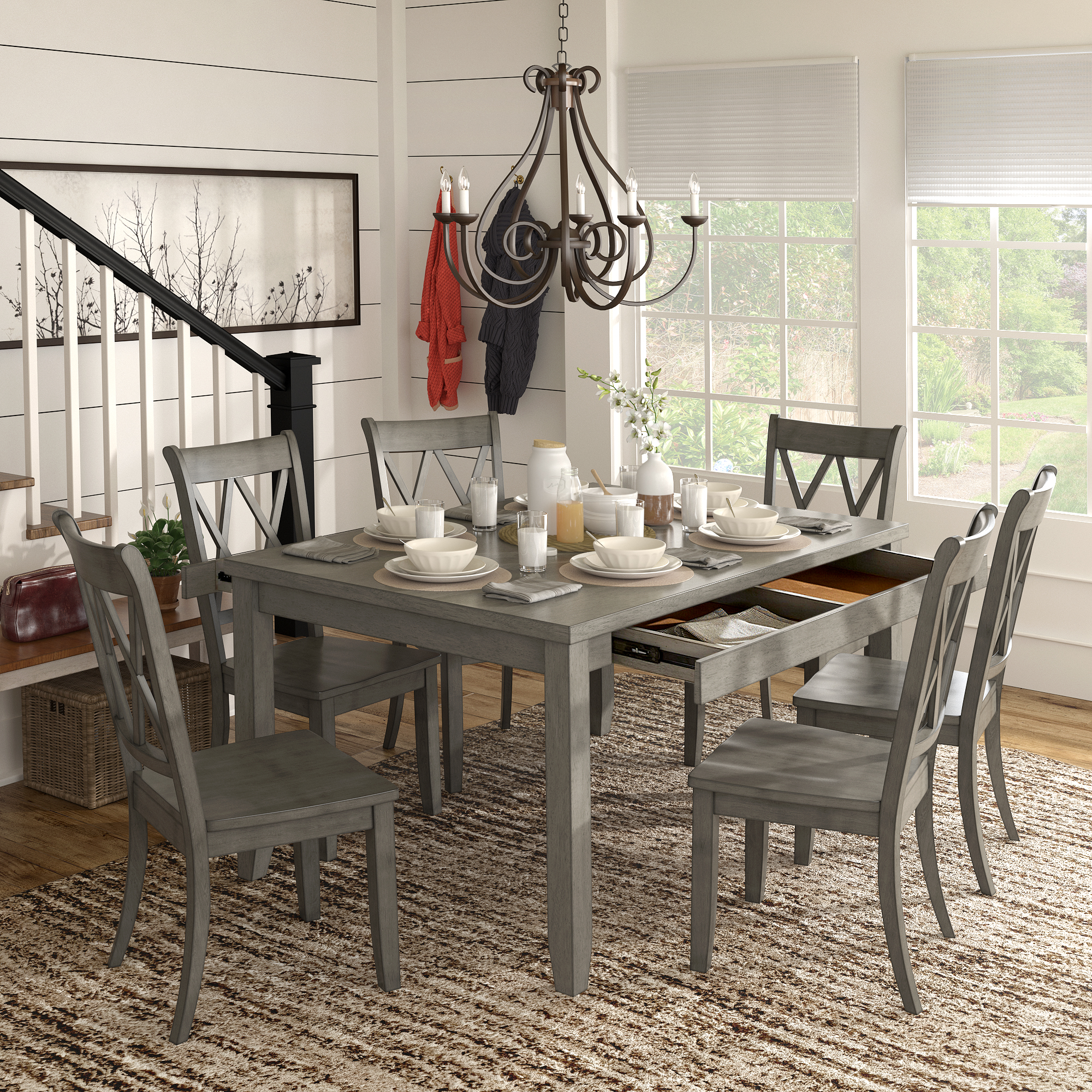 Wood 7-Piece Dining Set with Two Drawers