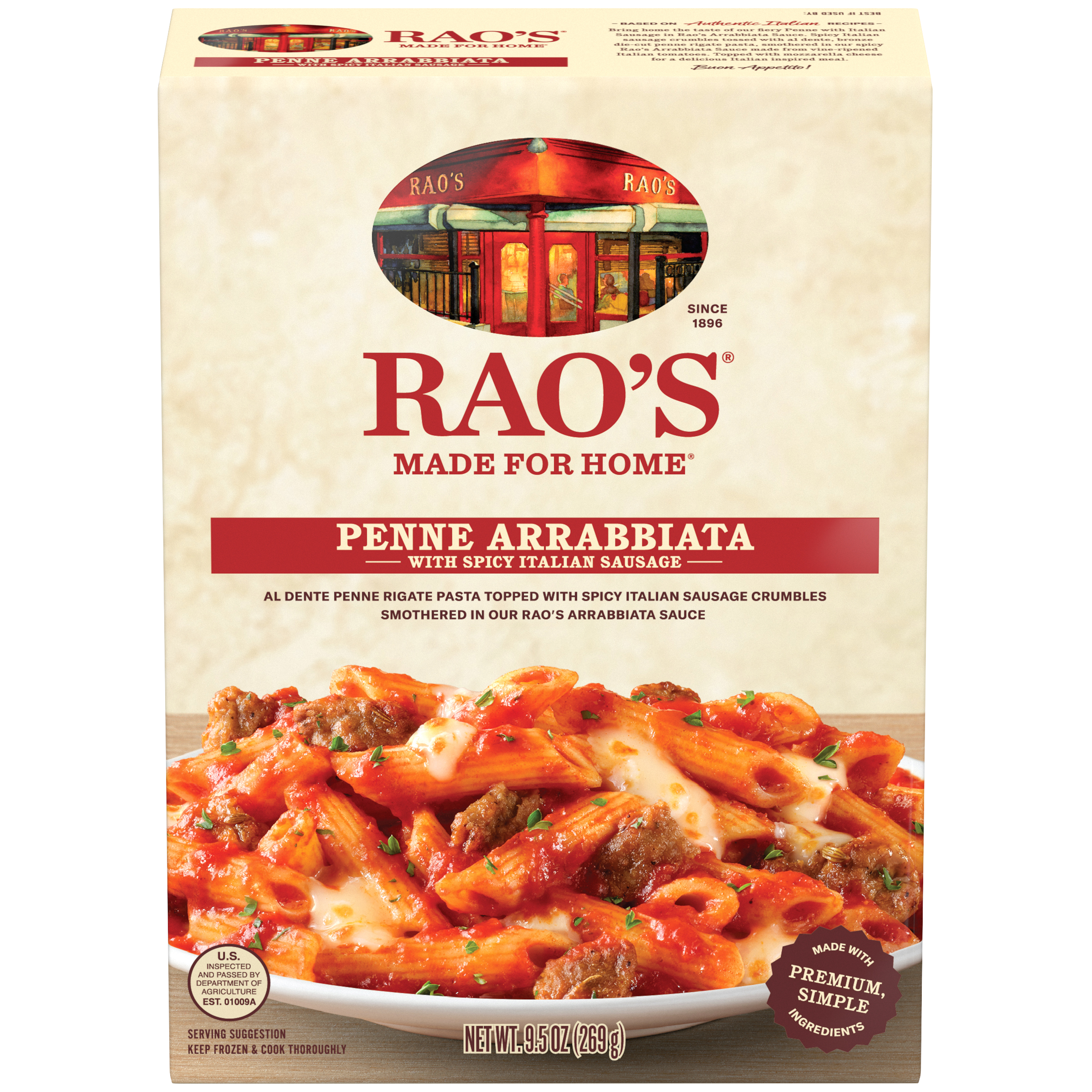 Penne Arrabbiata with Spicy Italian Sausage Frozen Meal, 9.5 oz - Back Image