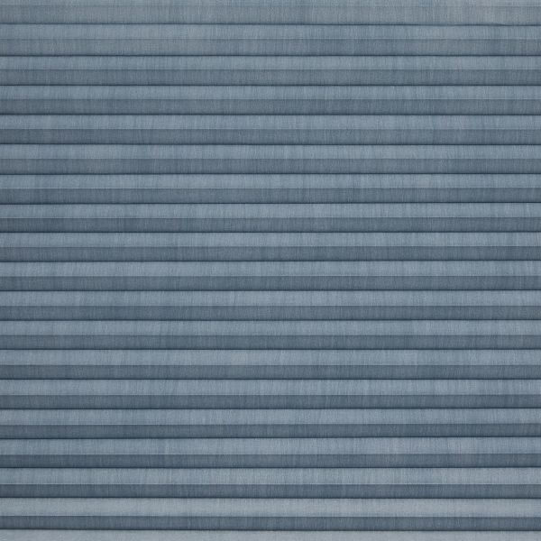 Horizontal pleated fabric shades (blue-gray) — fully closed, narrow horizontal folds blocking the view and softly diffusing light — filling the frame with even ambient lighting and no visible surroundings.