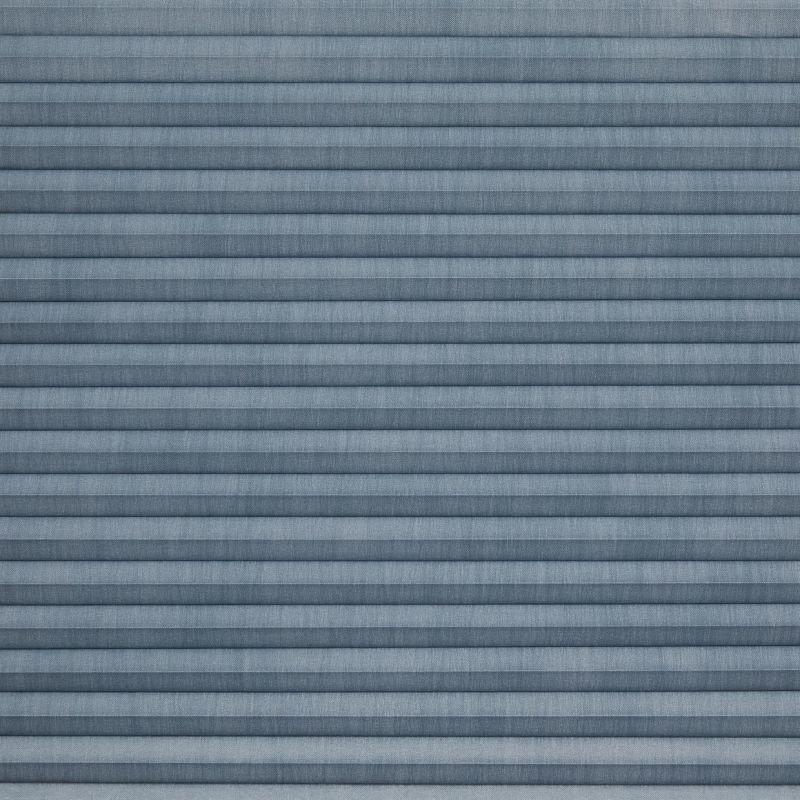 Horizontal pleated fabric shades (blue-gray) â€” fully closed, narrow horizontal folds blocking the view and softly diffusing light â€” filling the frame with even ambient lighting and no visible surroundings.
