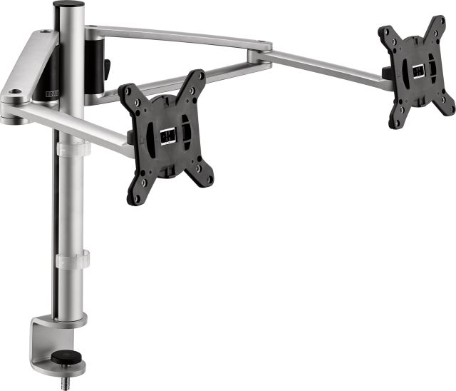 A dual monitor arm set with a system clamp for comfortable display of two monitors.